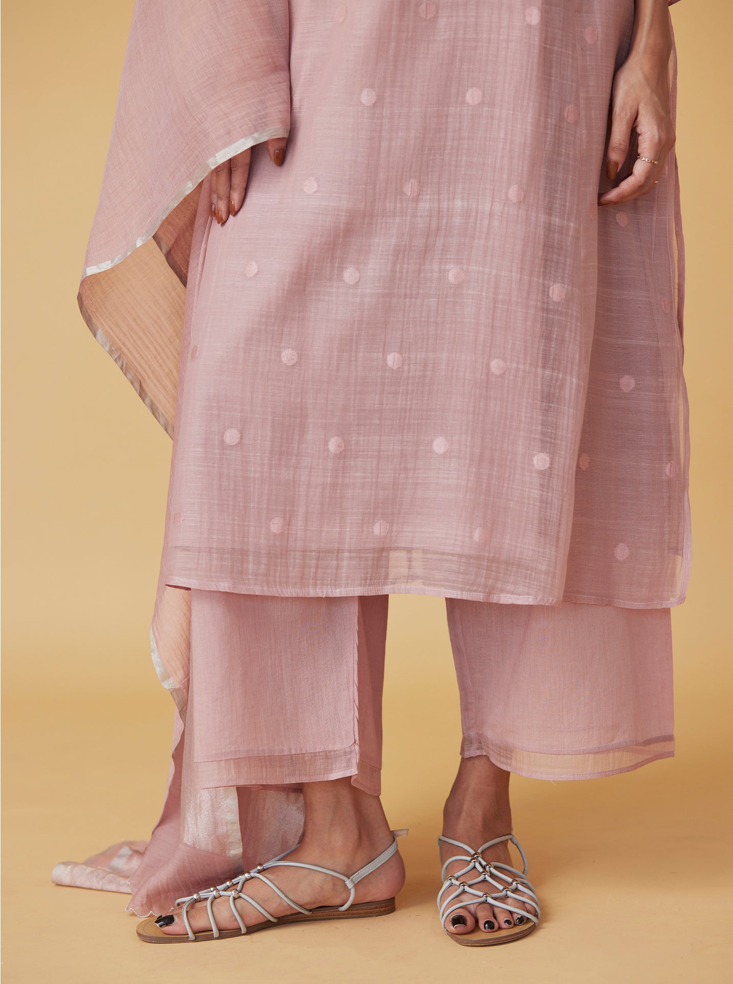 Blush Embroidered Woven Dots Kurta Set