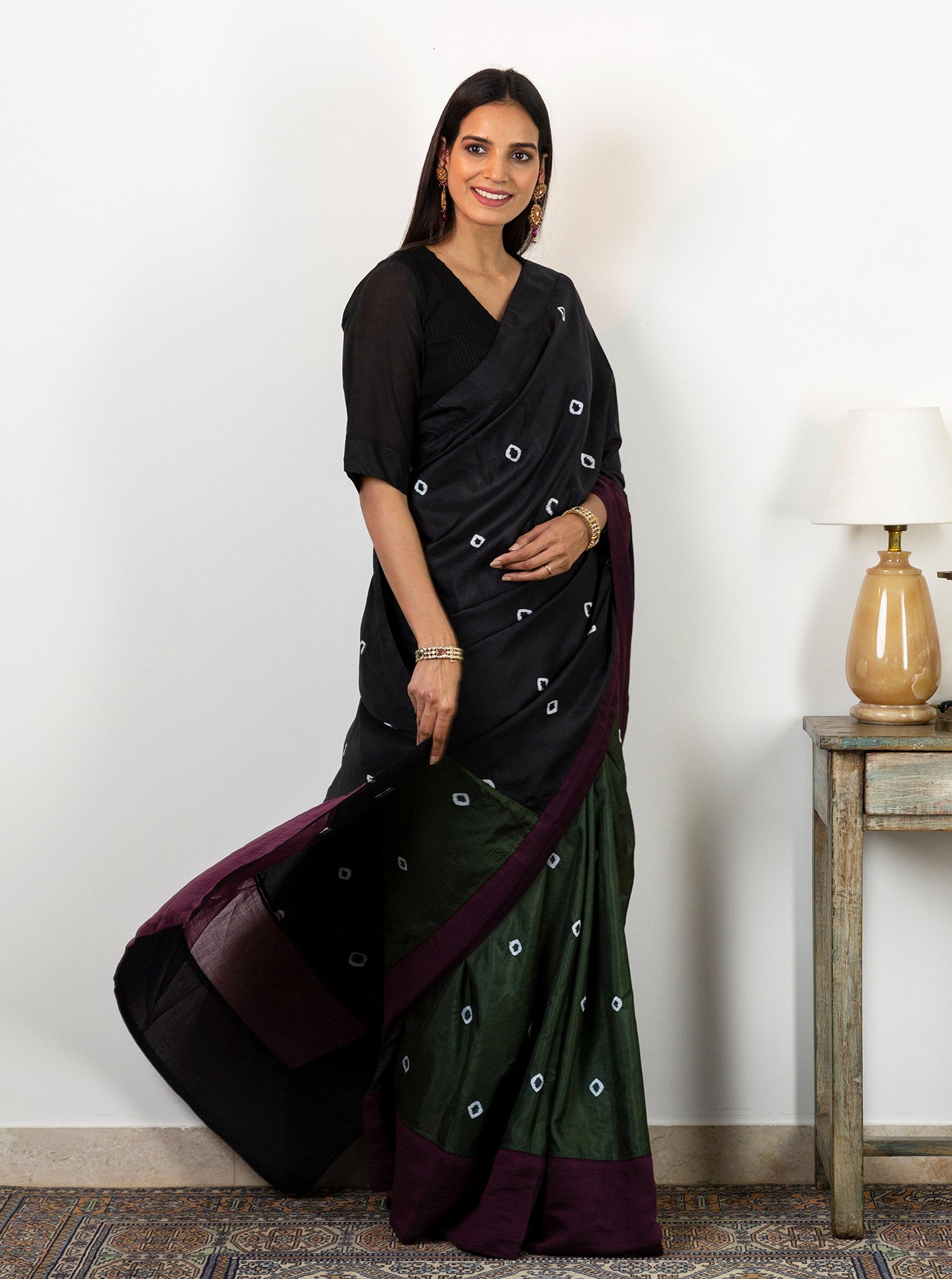 Tie Dye Emerald and Black Panelled Saree