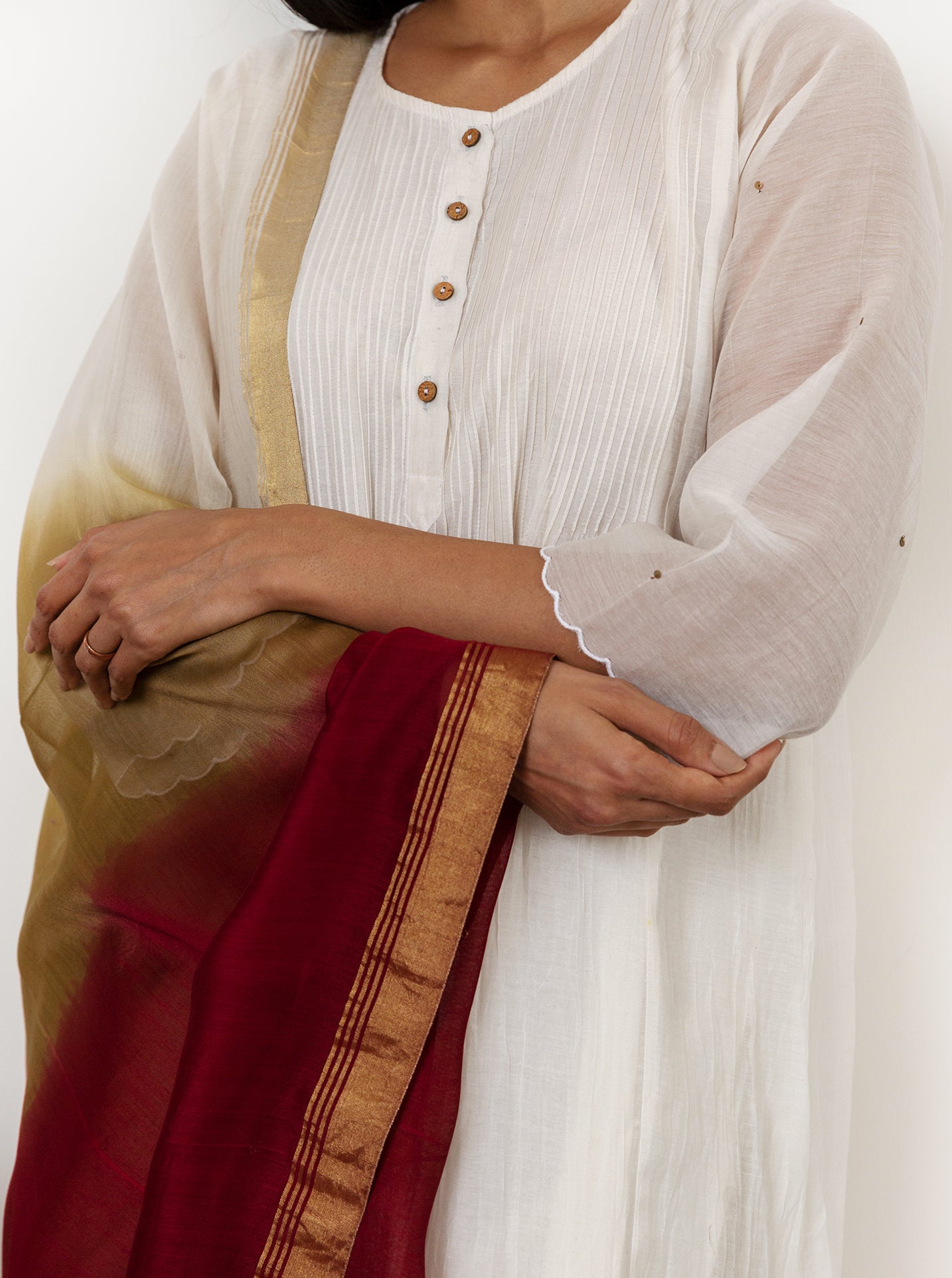 Ivory and Scarlet Ombre Pintuck Kurta
