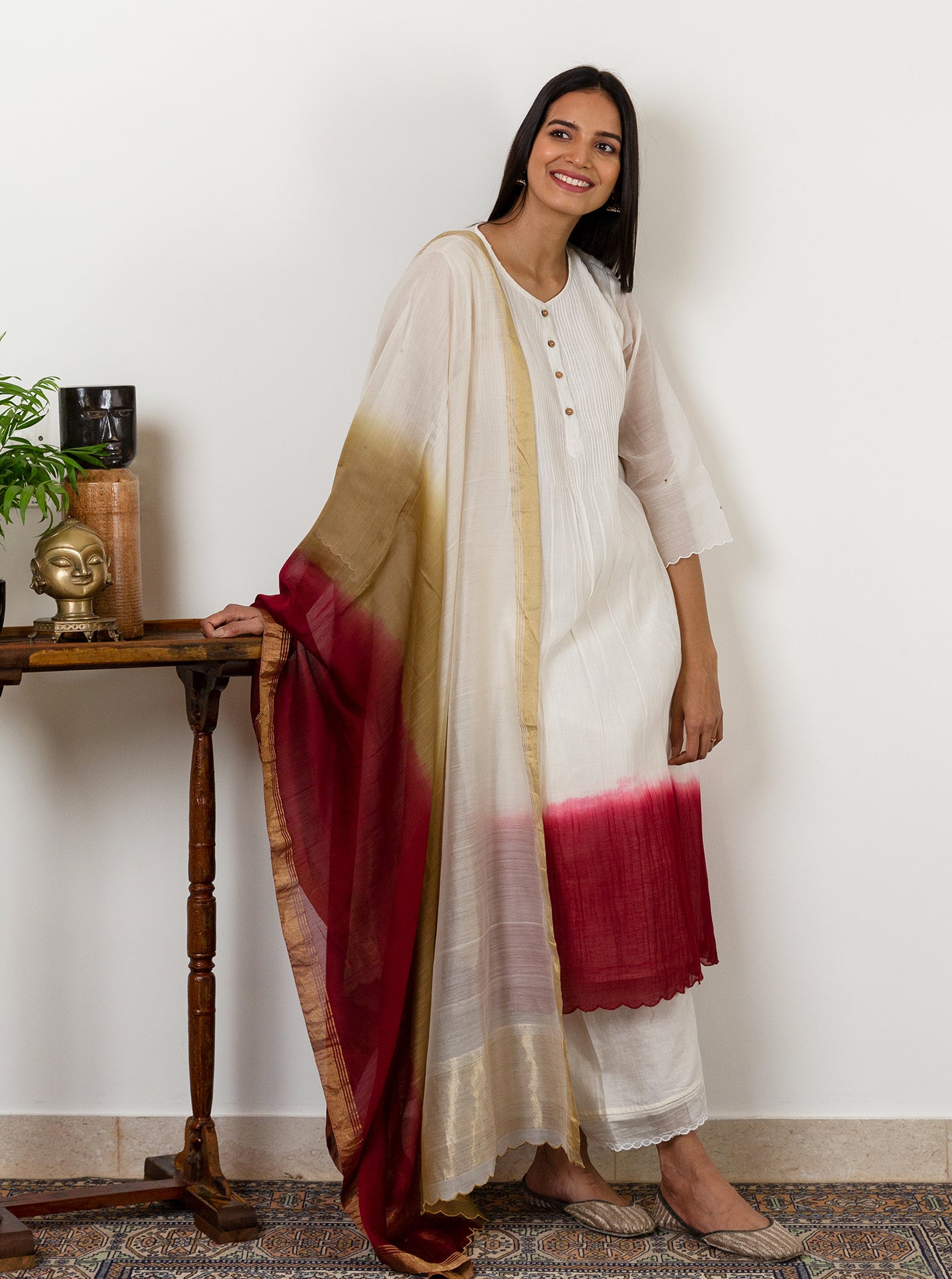 Ivory and Scarlet Ombre Pintuck Kurta