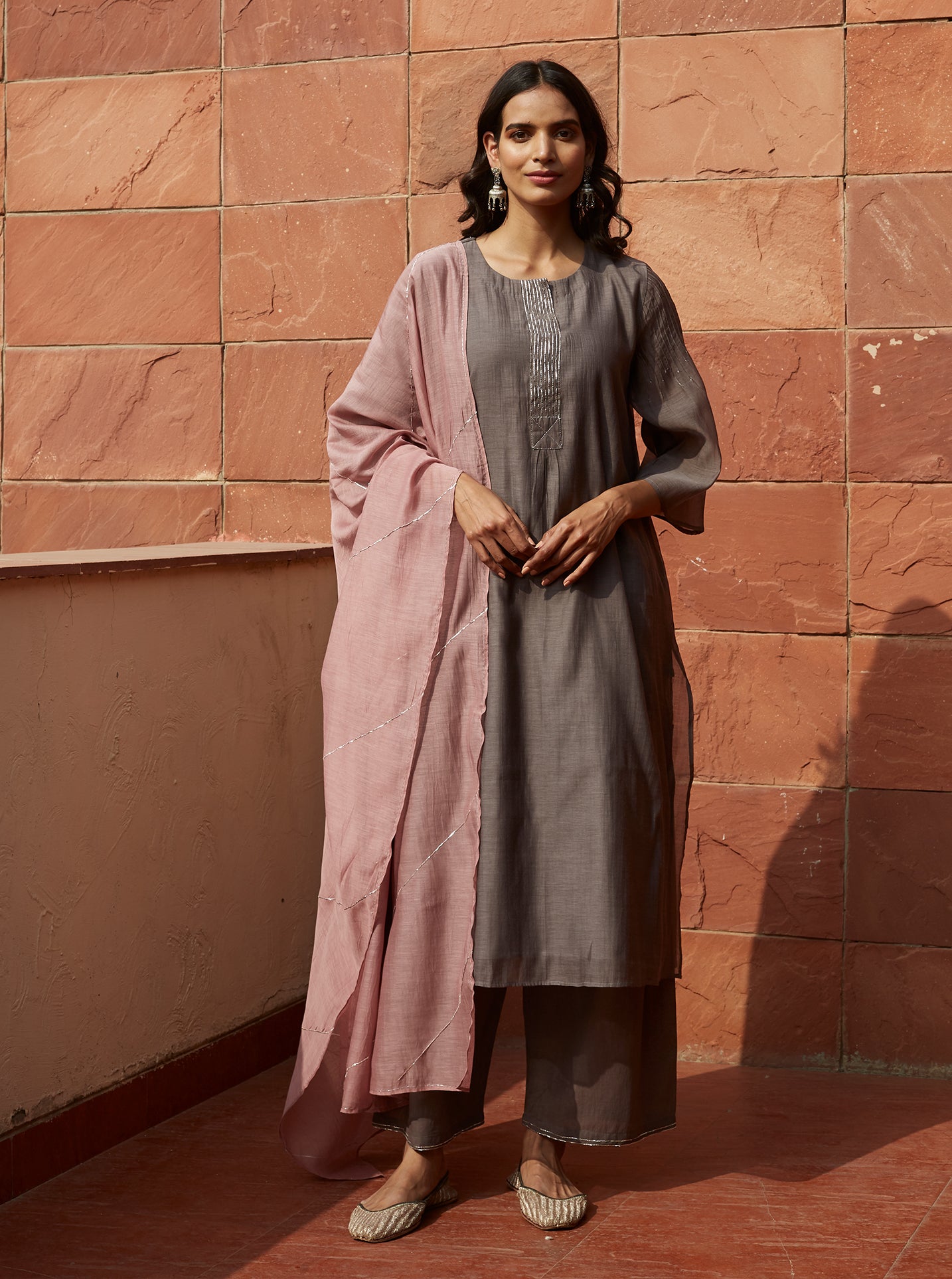 Blush and Slate Embroidered Kurta Set
