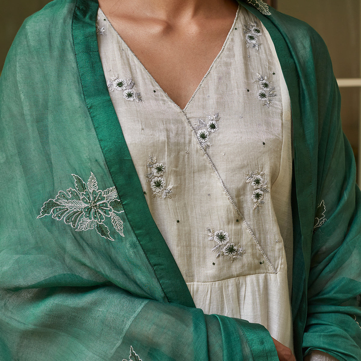 Ivory and Emerald Embroidered Kurta Set