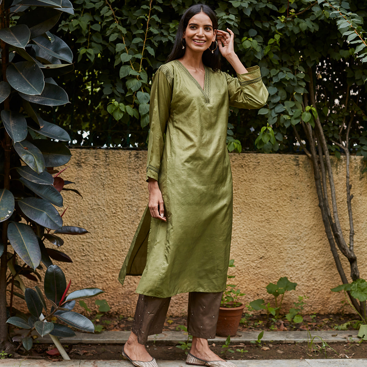 Women Gold and Green Chanderi Silk Kurti | Kasthuribaicompany