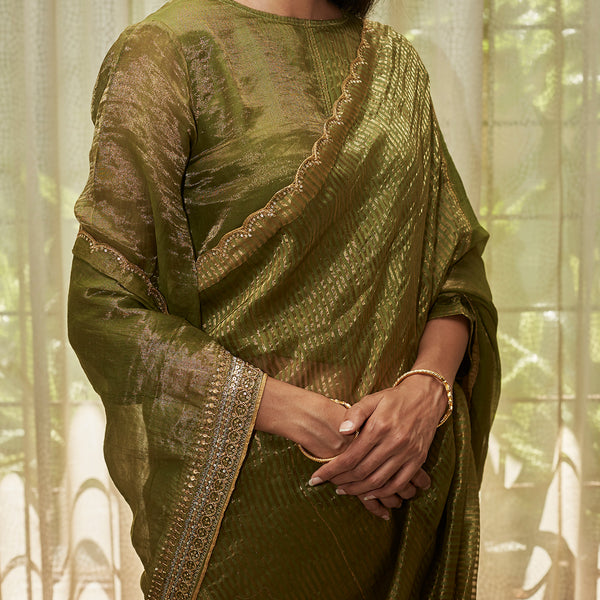 Leaf Green Embroidered Tissue Saree – Andaaz by Jyoti Dhawan