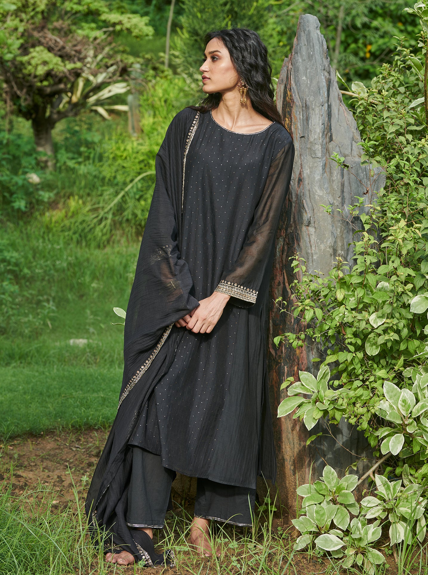 Midnight Black Embroidered Mukaish Kurta Set