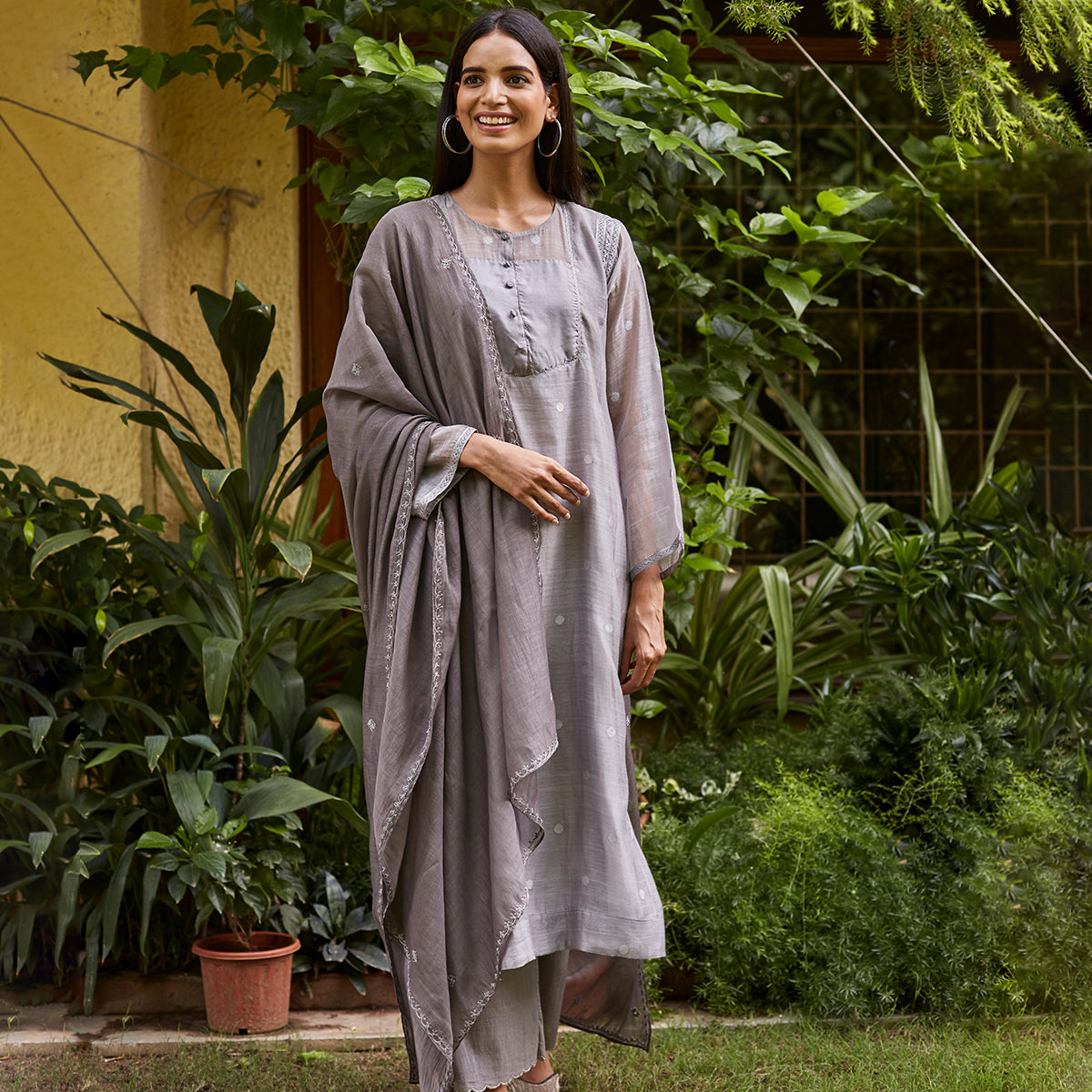 Slate Woven Dots Kurta Set