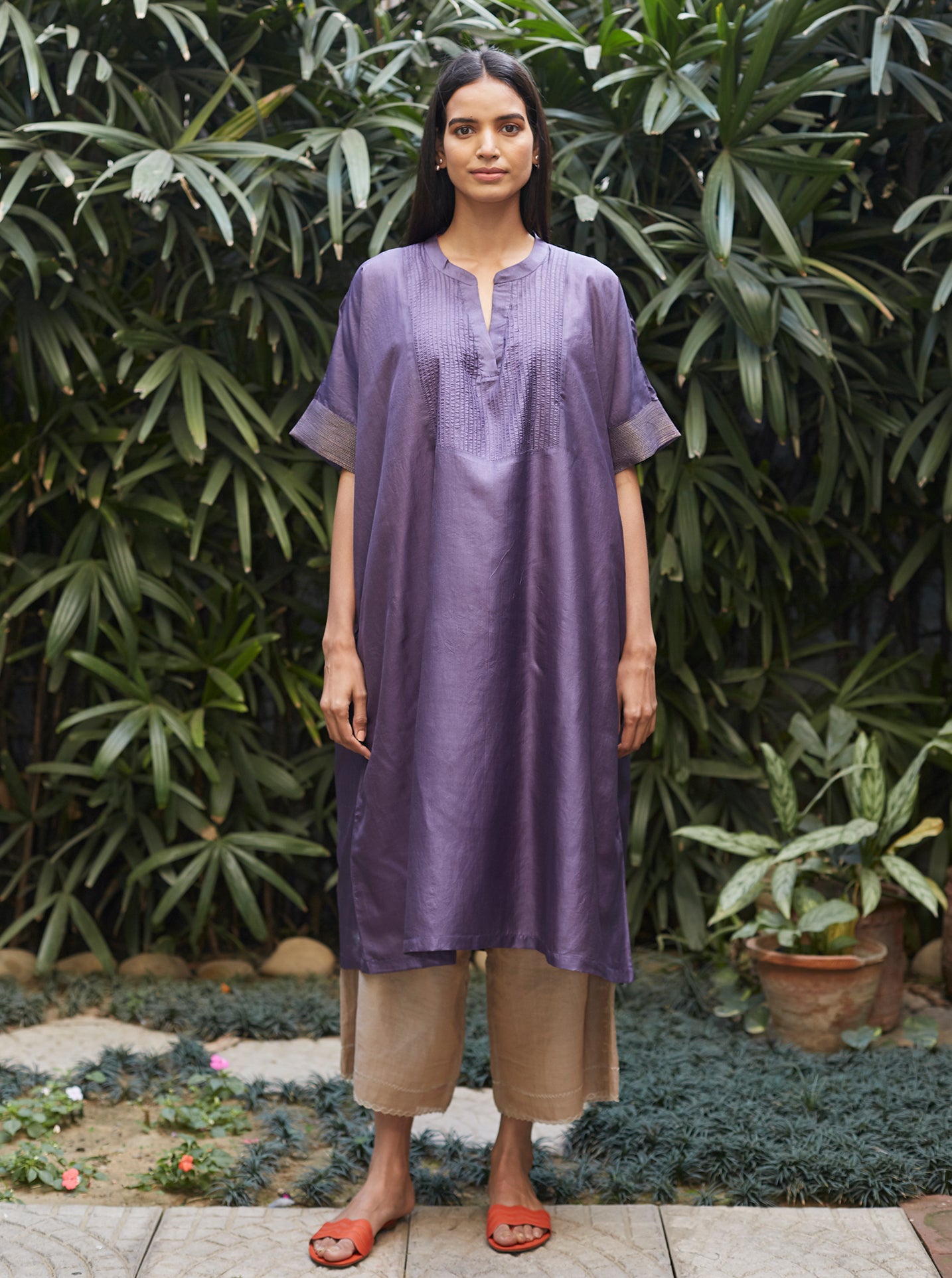 Violet Flowy Silk Kurta Set