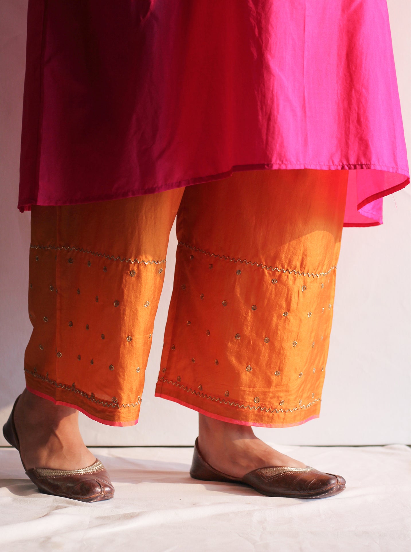 Saffron Embroidered Silk Farshi