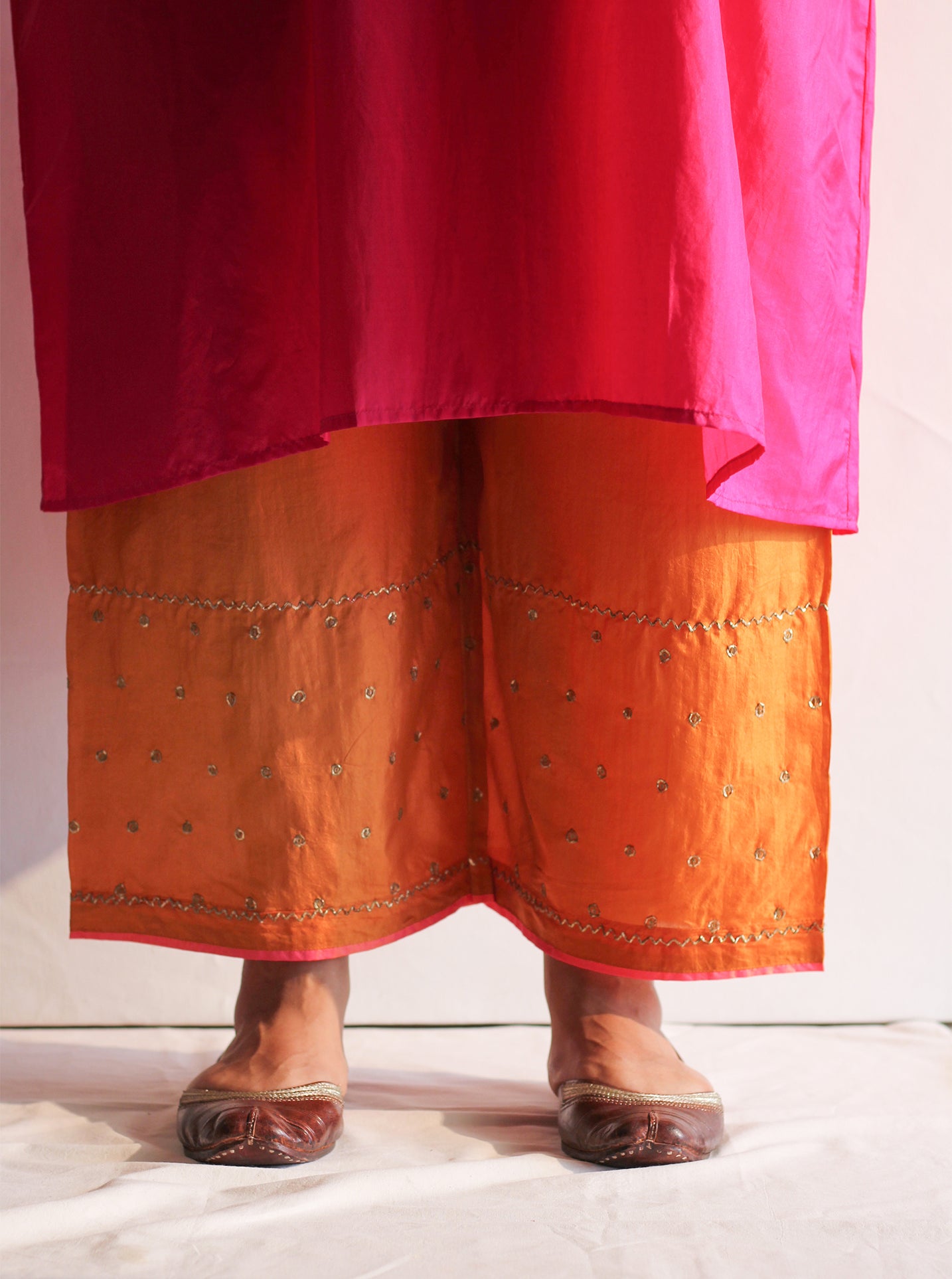 Saffron Embroidered Silk Farshi
