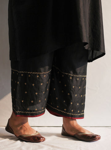 Midnight Black Embroidered Silk Farshi