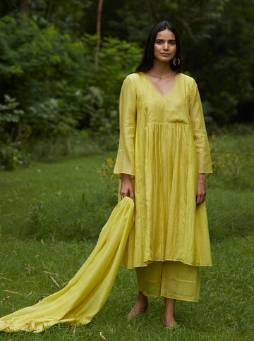 Canary Yellow Mukaish Angarkha Kurta Set