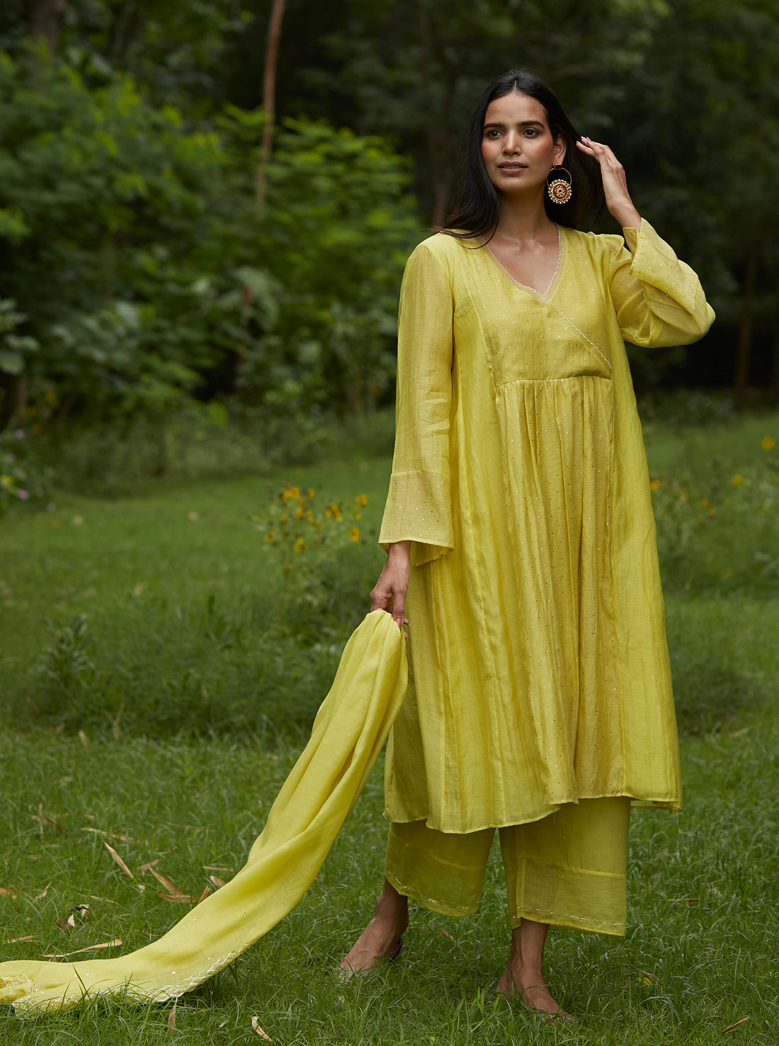 Canary Yellow Mukaish Angarkha Kurta Set