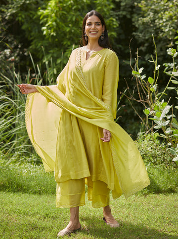 Canary Yellow Tagai and Mukaish Kurta Set
