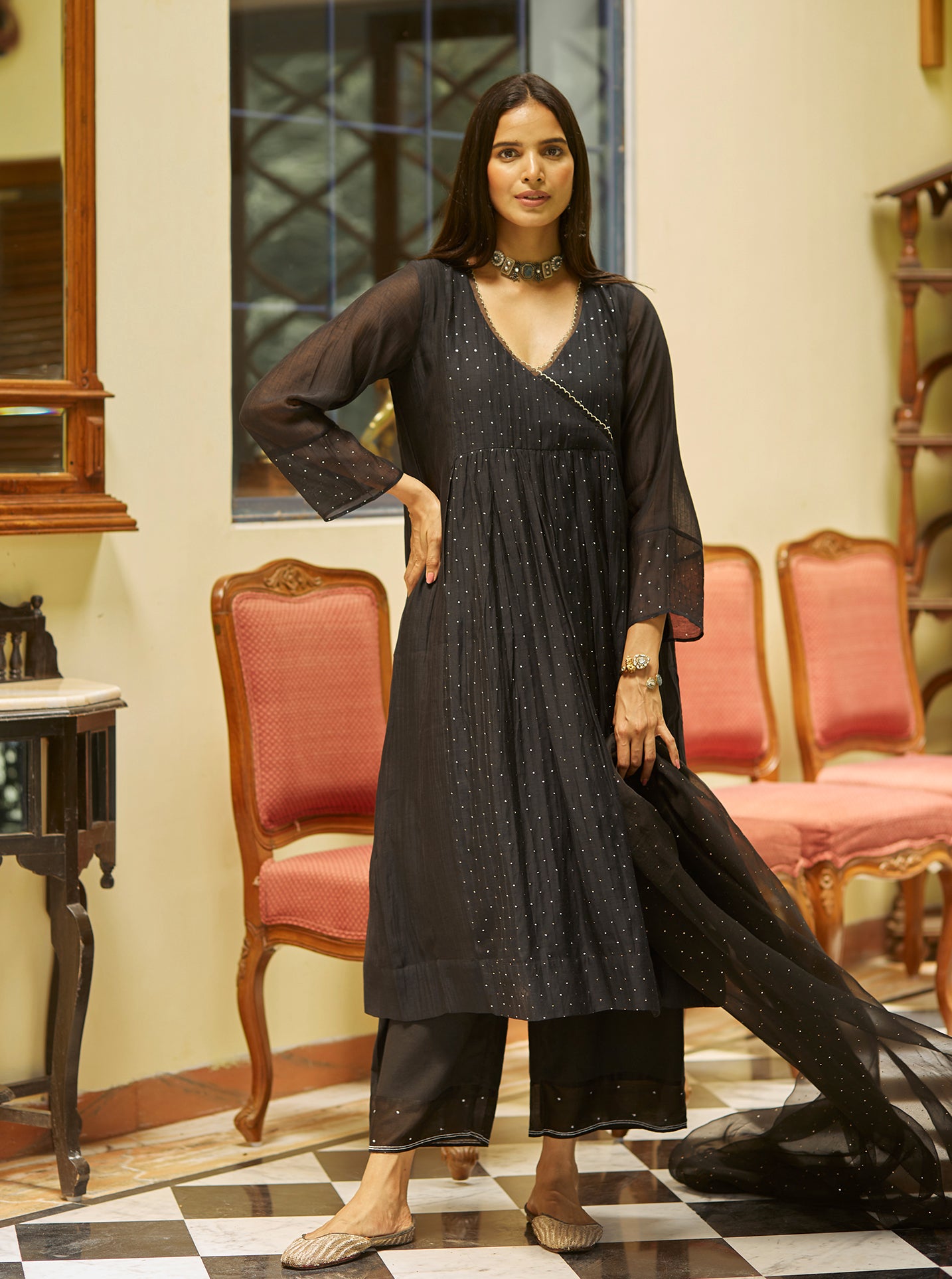 Black Mukaish Angarkha Kurta Set