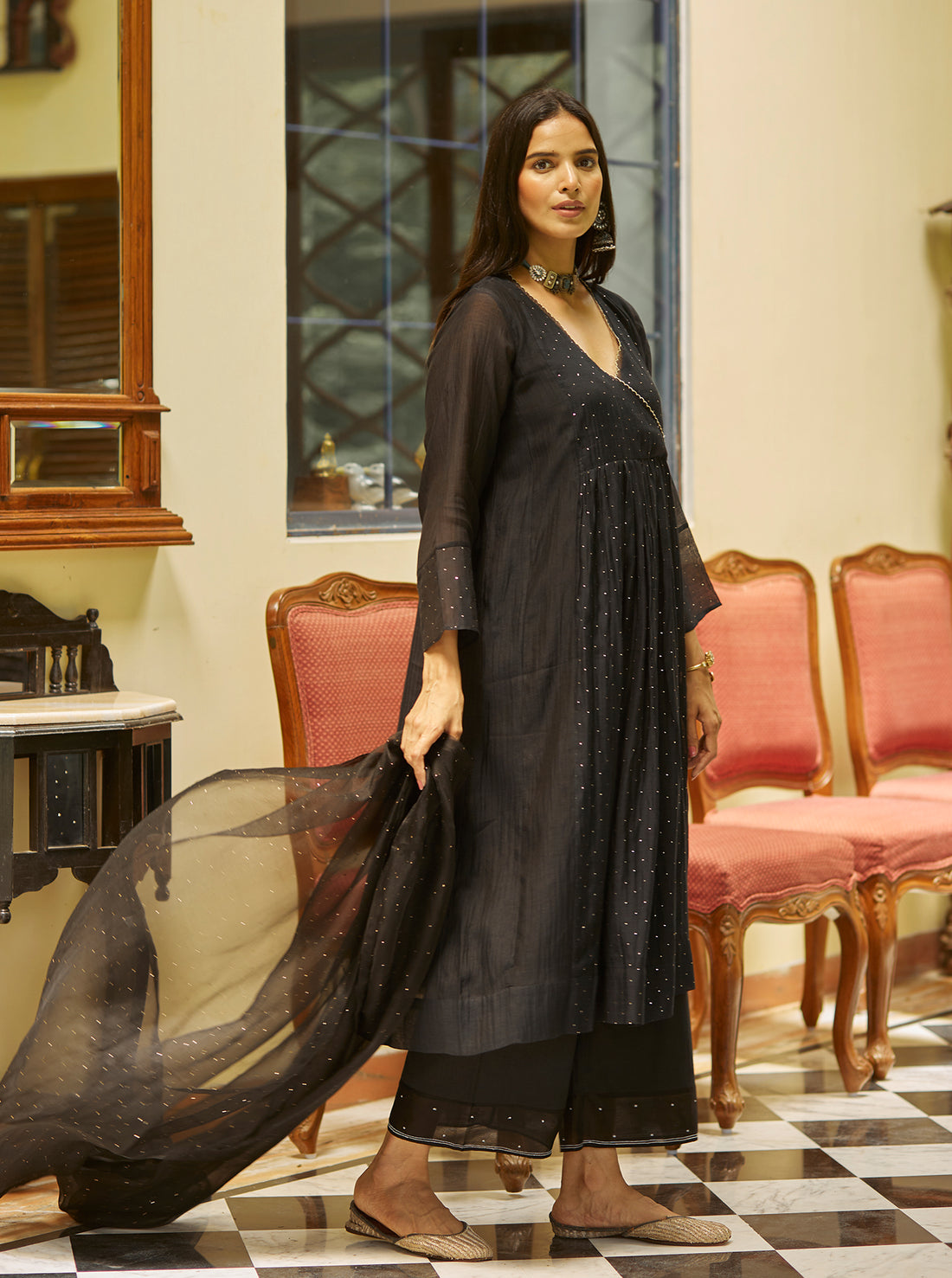 Black Mukaish Angarkha Kurta Set