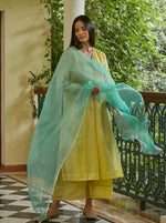 Load image into Gallery viewer, Canary Yellow and Aqua Tissue Embroidered Kurta Set
