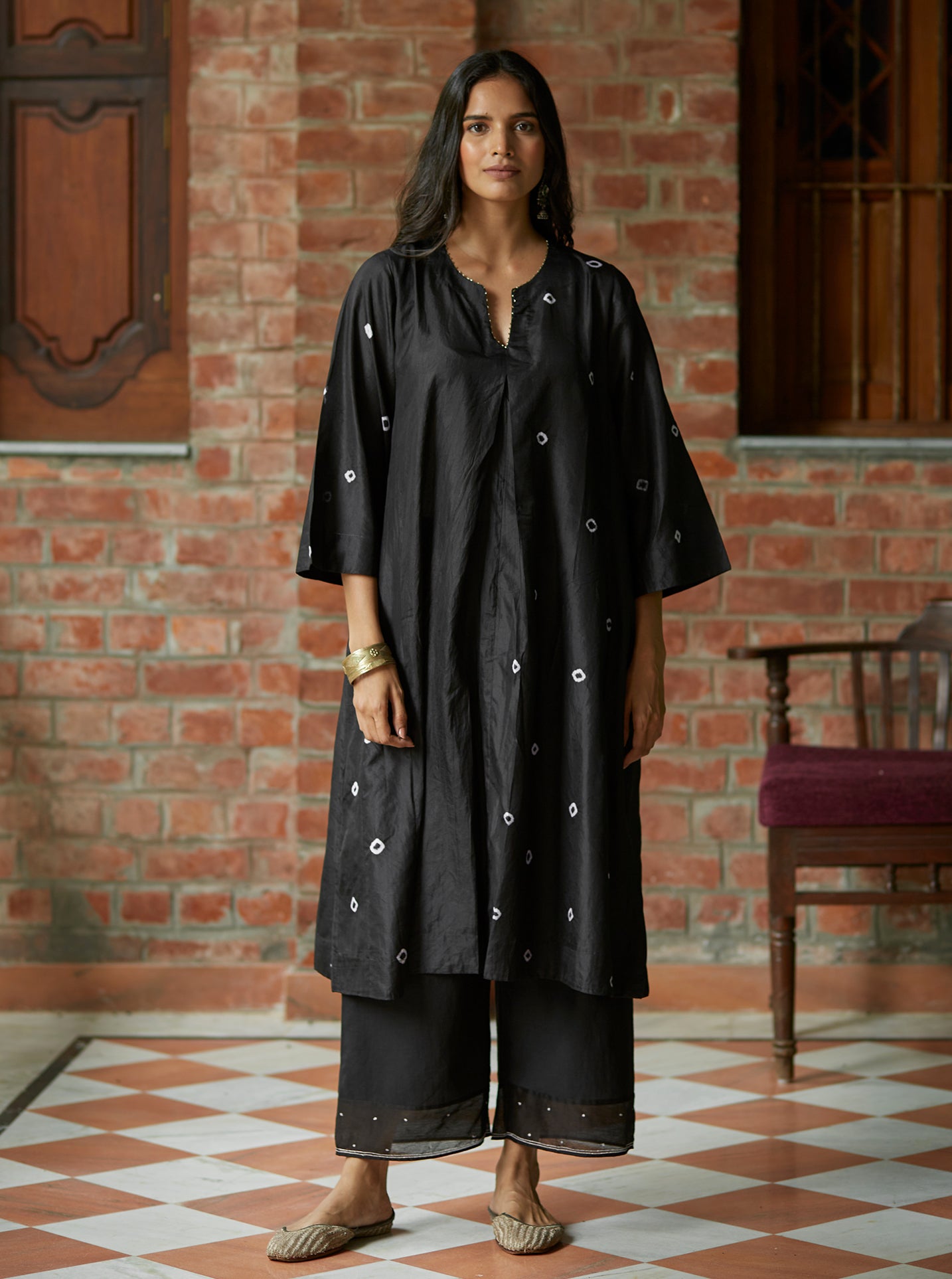 Midnight Black Tie-Dye Silk Kurta Set