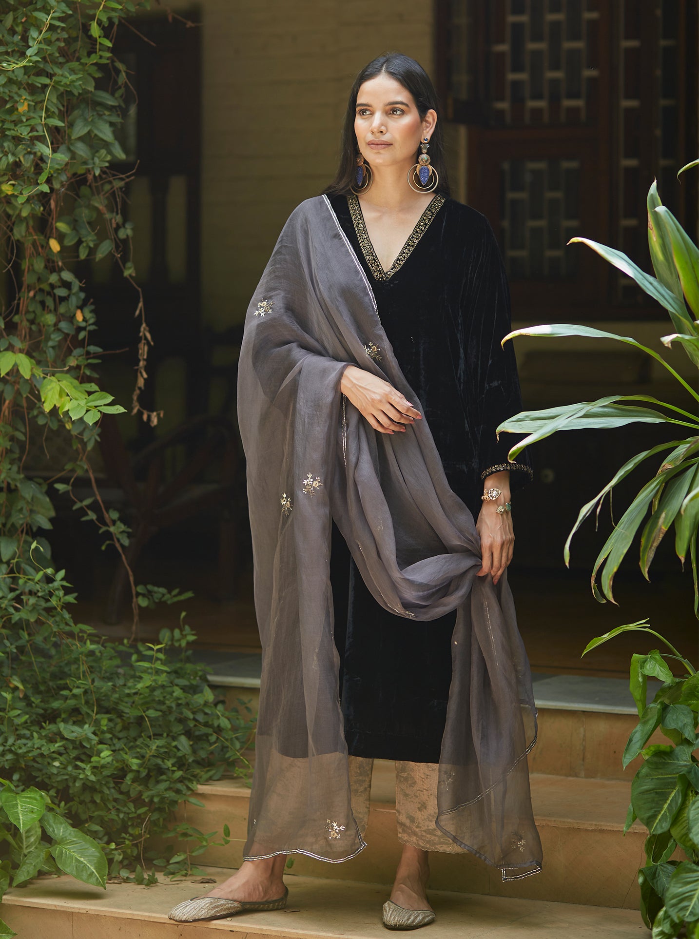 Midnight Black Velvet Kurta Set